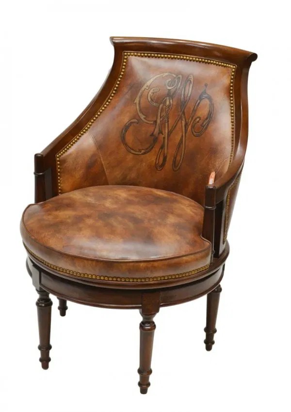 402 BARREL BACK BRASS NAIL HEAD LEATHER SWIVEL CHAIR Lot 402