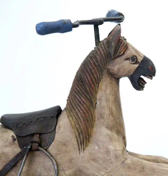 ANTIQUE CHILDS WOODEN HORSE TRICYCLE W IRON WHEELS Lot 4427