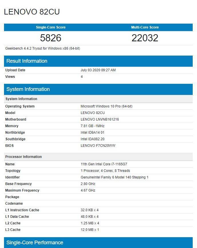 联想 11 代酷睿轻薄本现身：搭载 i71165G7，仍为 4 核_处理器