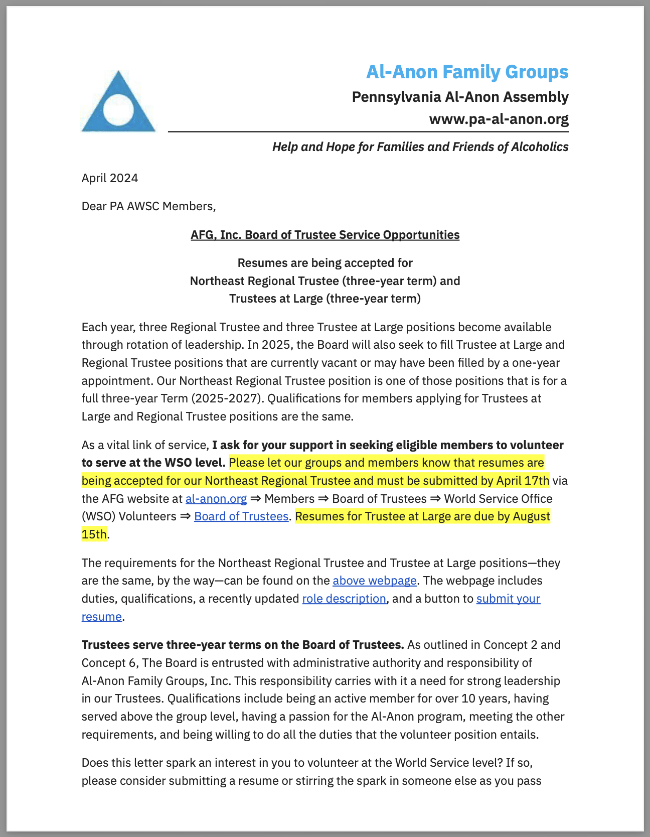 AFG Inc., Board of Trustee Service Opportunities Pennsylvania Area Al(01)