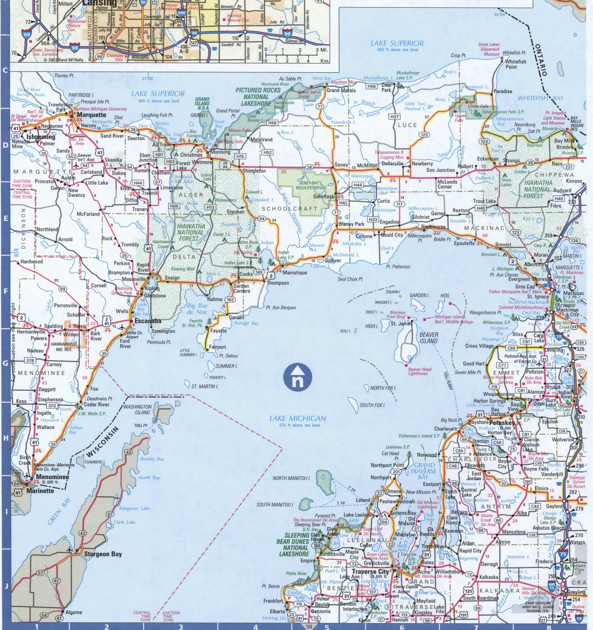 Map of Michigan Northern,Free highway road map MI with cities towns