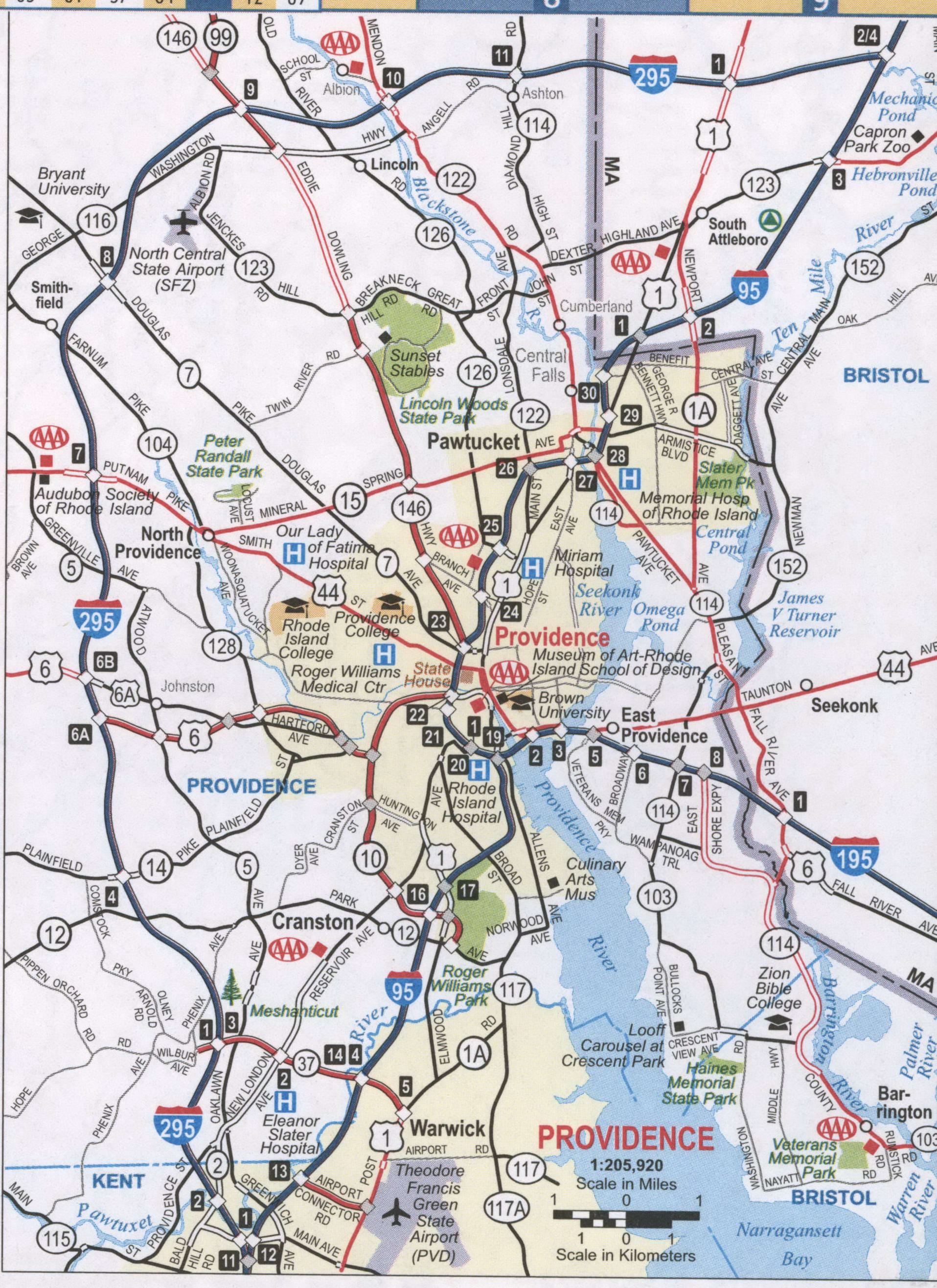 Providence RI roads map, highway Providence city and surrounding area