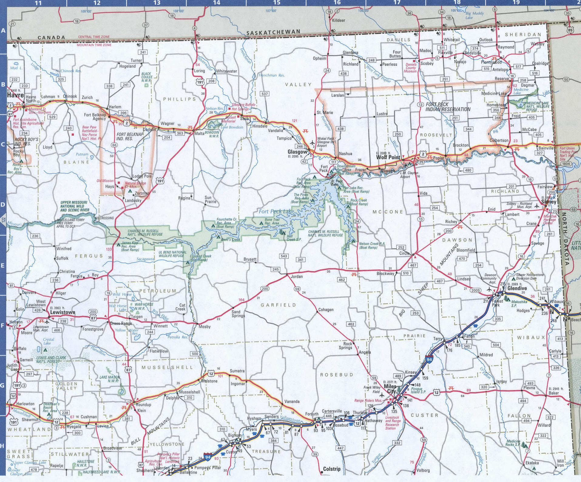 Map of Montana Eastern. Free highway road map MT with cities towns counties