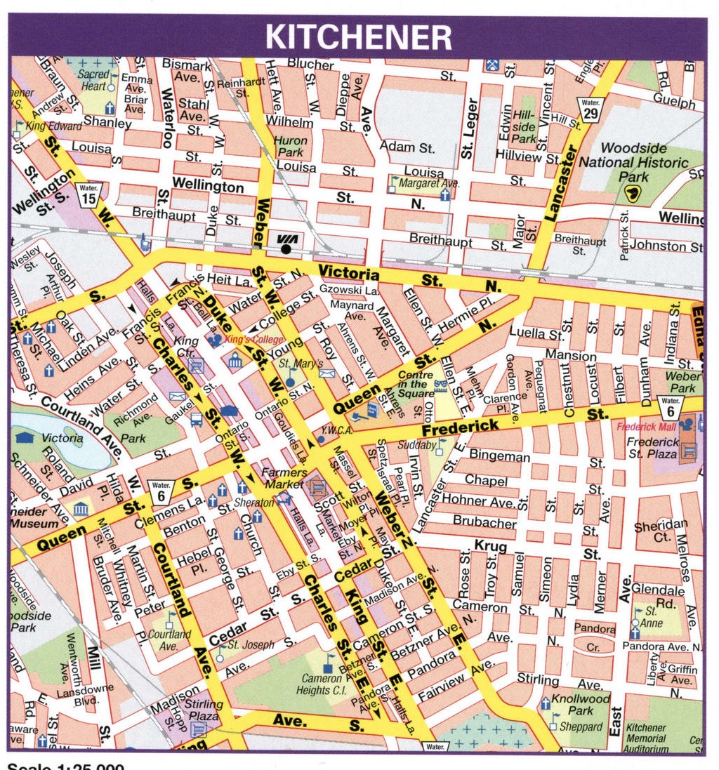Map downtown Kitchener, Ontario Canada.Kitchener city map with highways