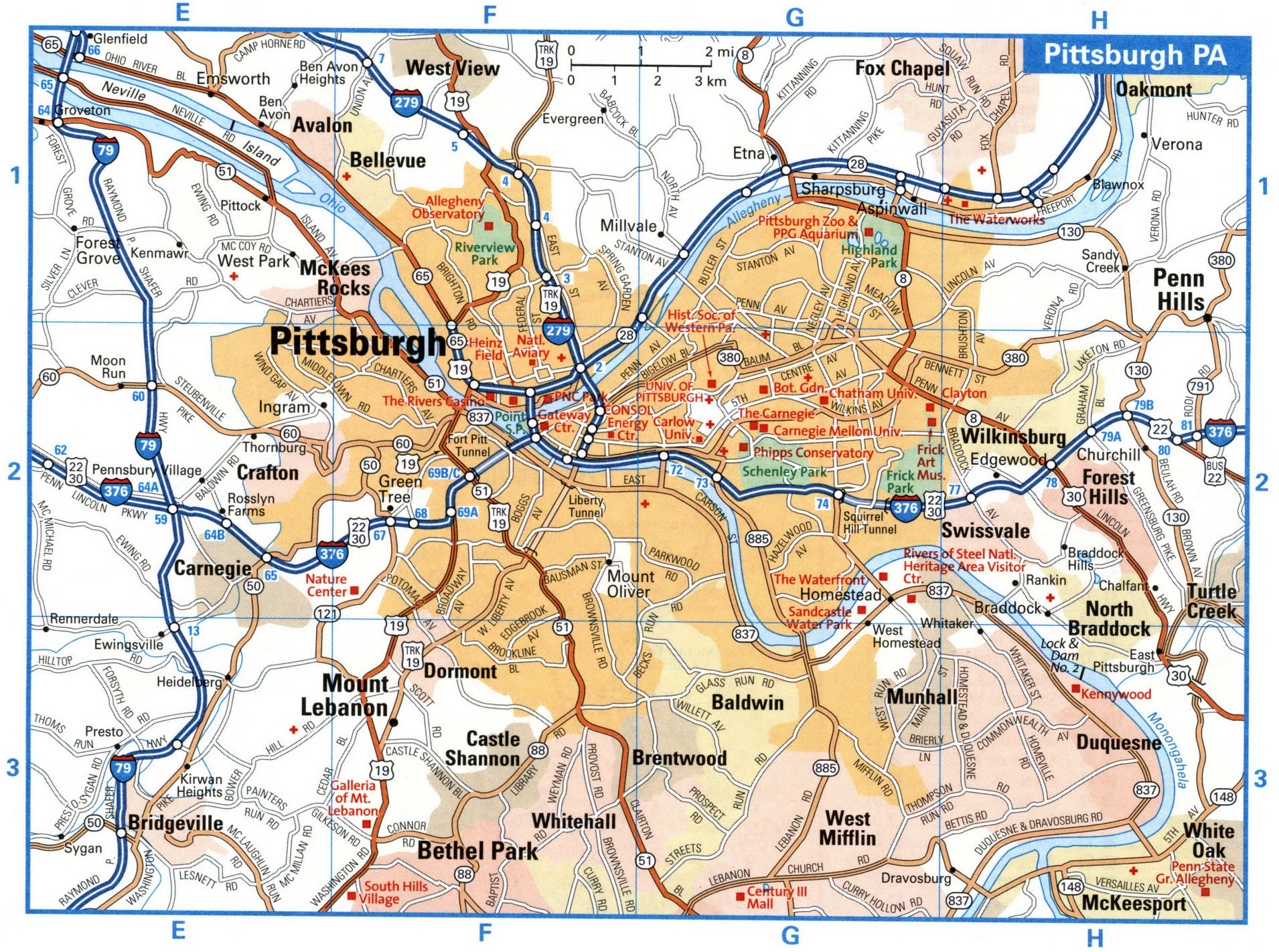 Pittsburgh city interstate highway map road free toll I79, I279, I376 U.S.
