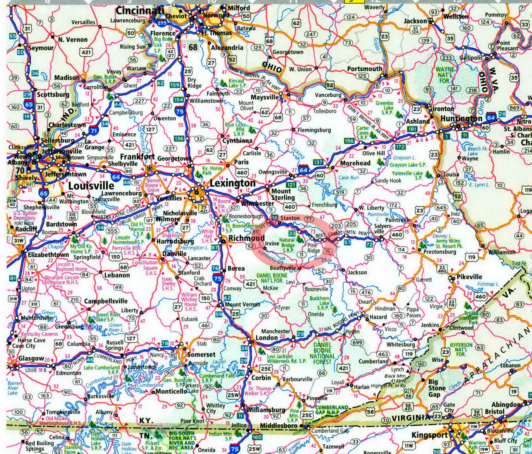 Natural Bridge State Park Campground in Kentucky on map KY how to get