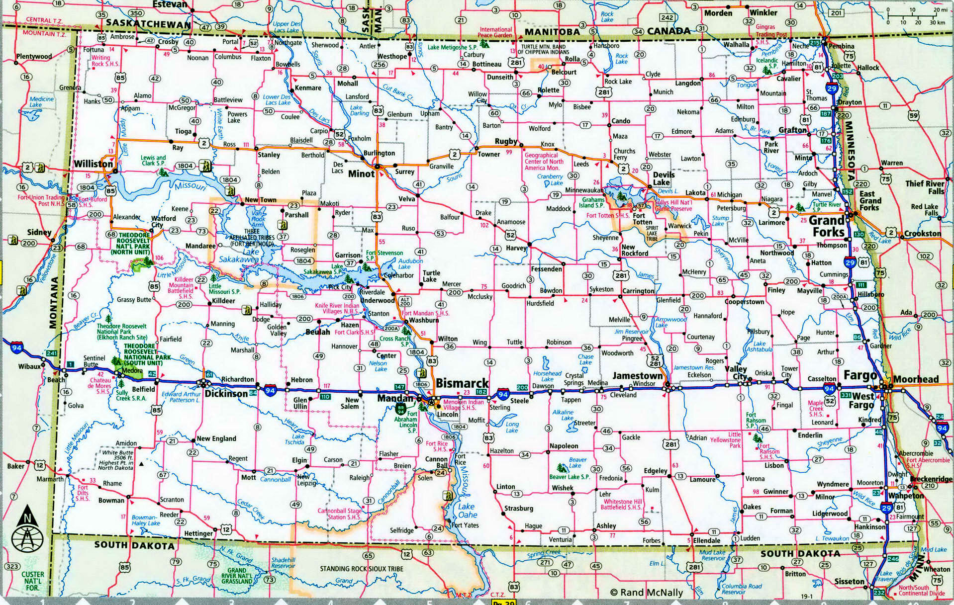 North Dakota interstate map I29 I94 road state free number county U.S.