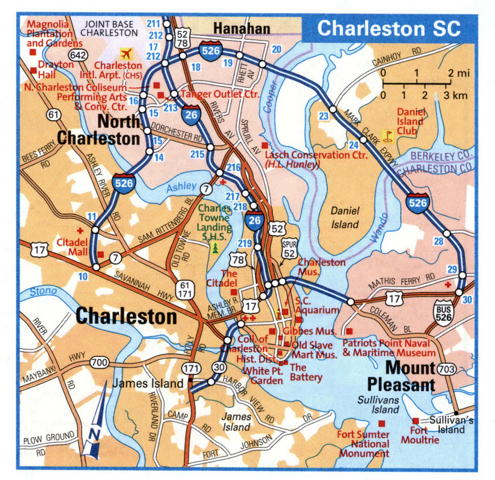 Charleston city interstate highway map road free toll I26, I526 U.S.