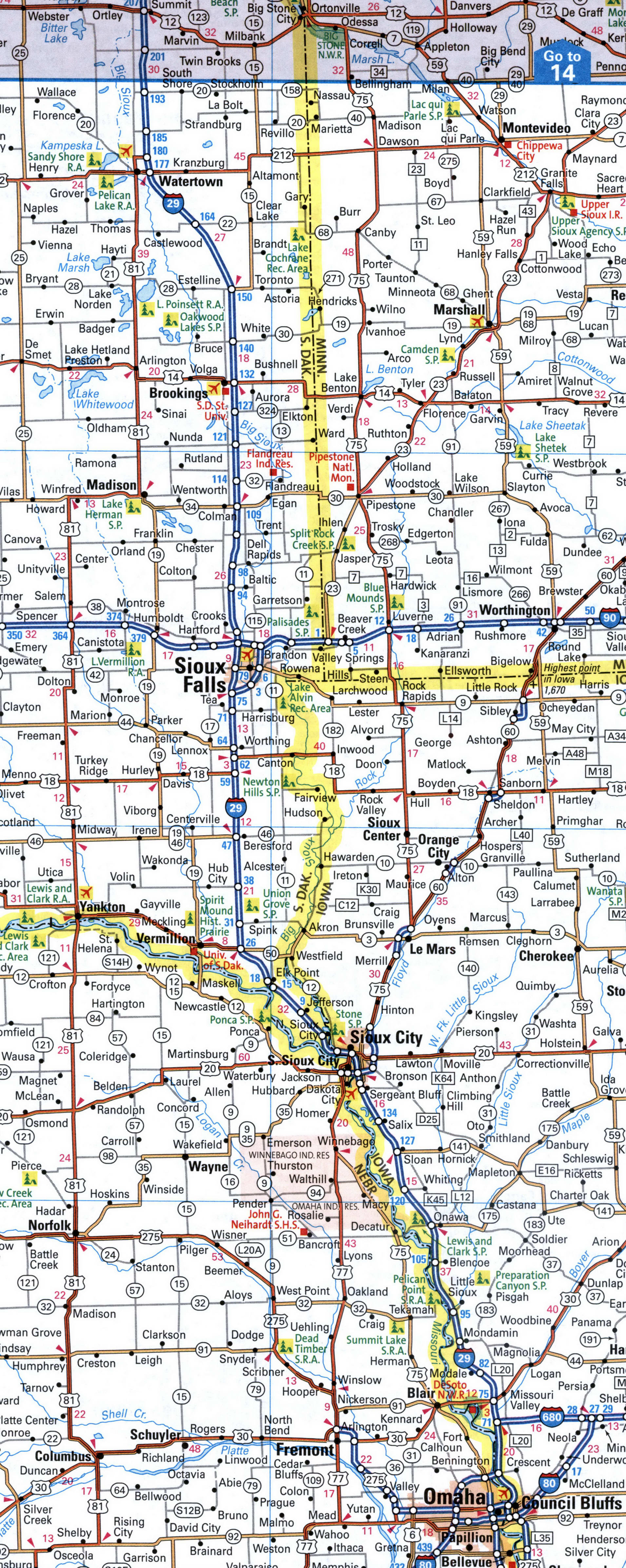 Map I29 interstate highway Missouri, Iowa, South Dakota, North Dakota