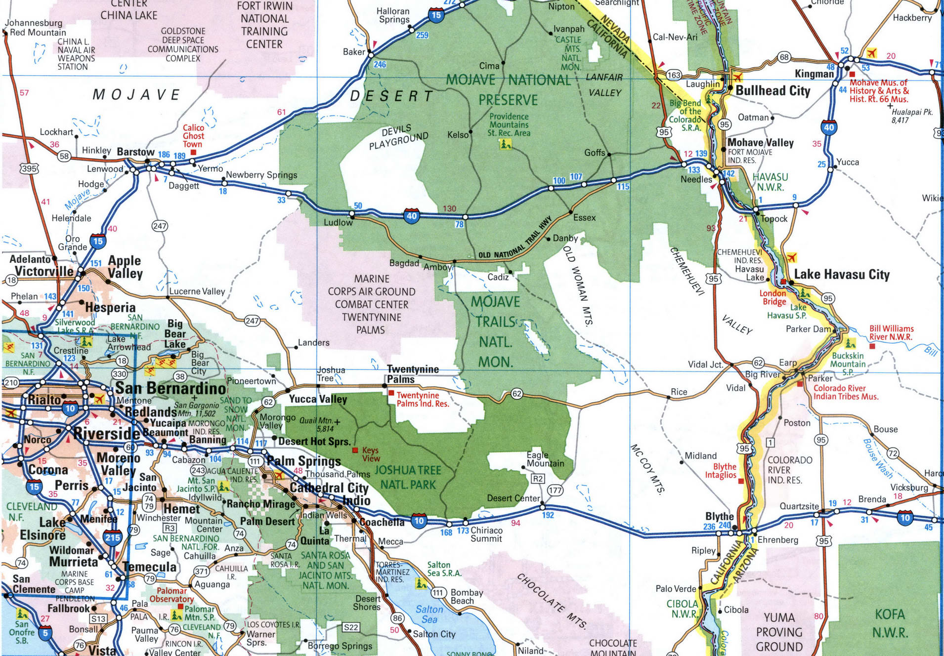 Map I40 interstate highway California, Arizona, New Mexico, Texas