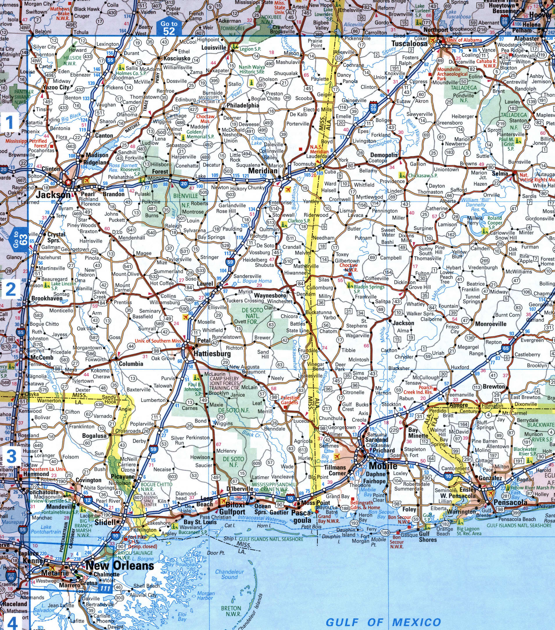 Map interstate highway I59 Louisiana, Mississippi, Alabama,