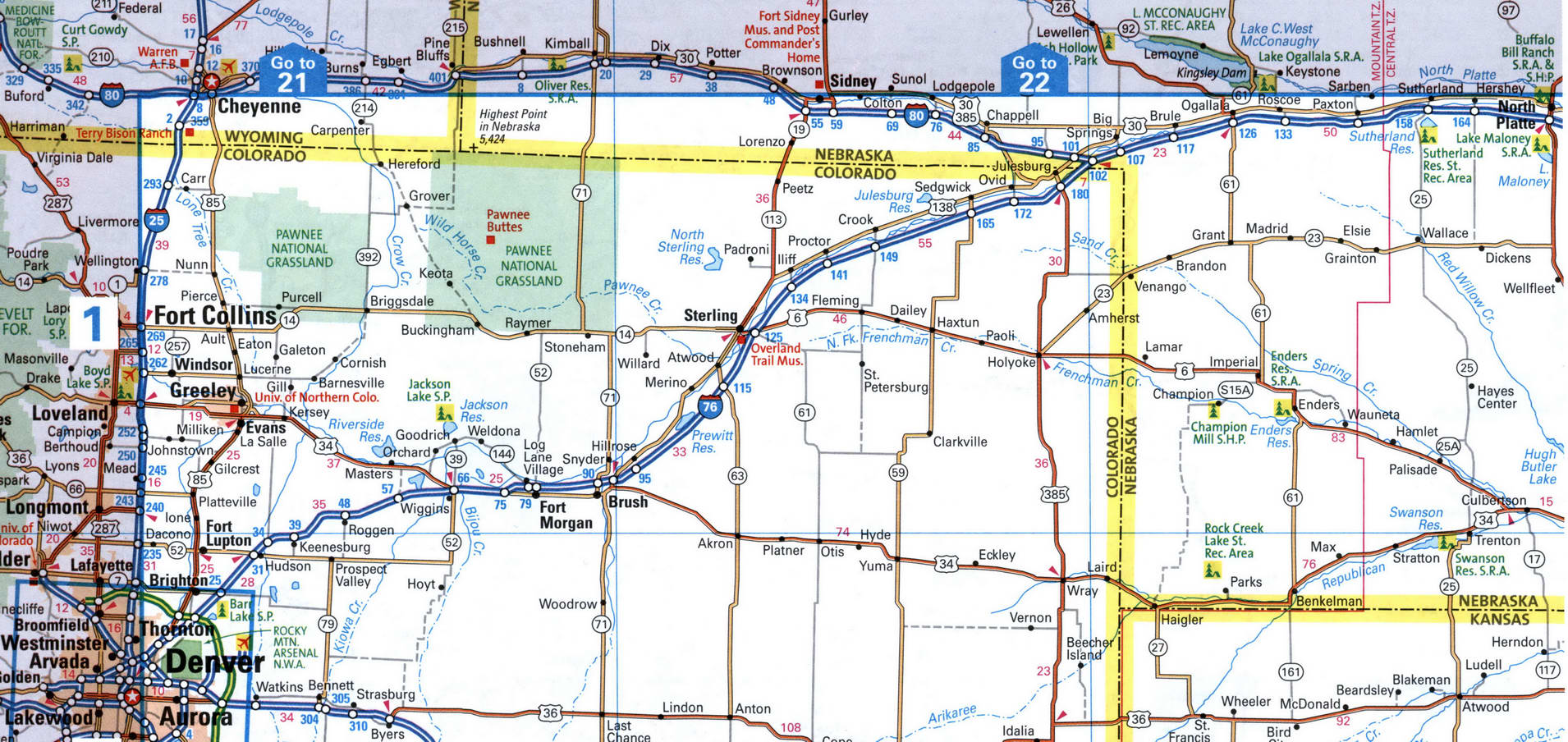 Map of I76 interstate highway via Colorado, Nebraska interchange exit number U.S.