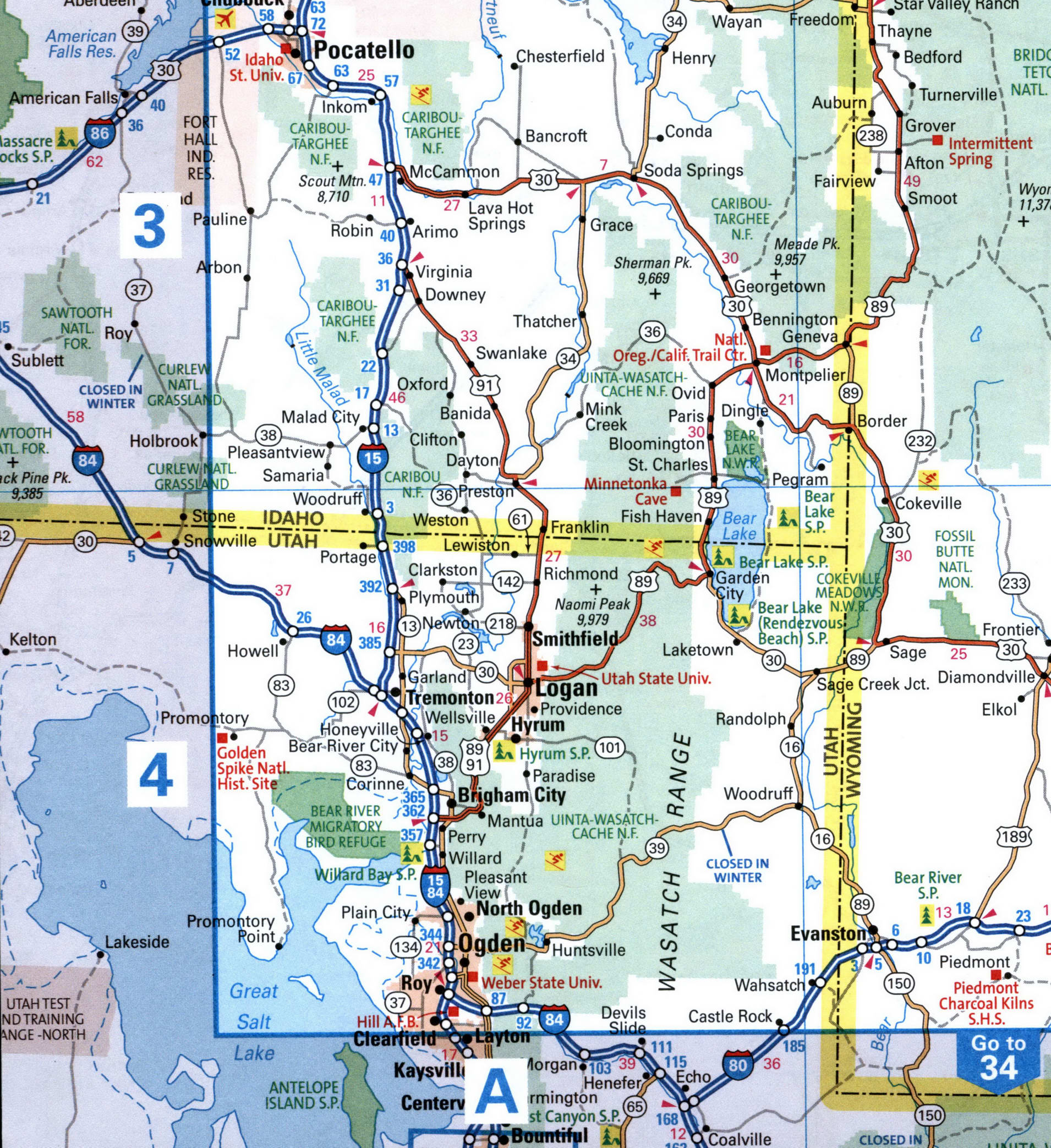 Map of I84 interstate highway via Oregon, Idaho, Utah interchange exit