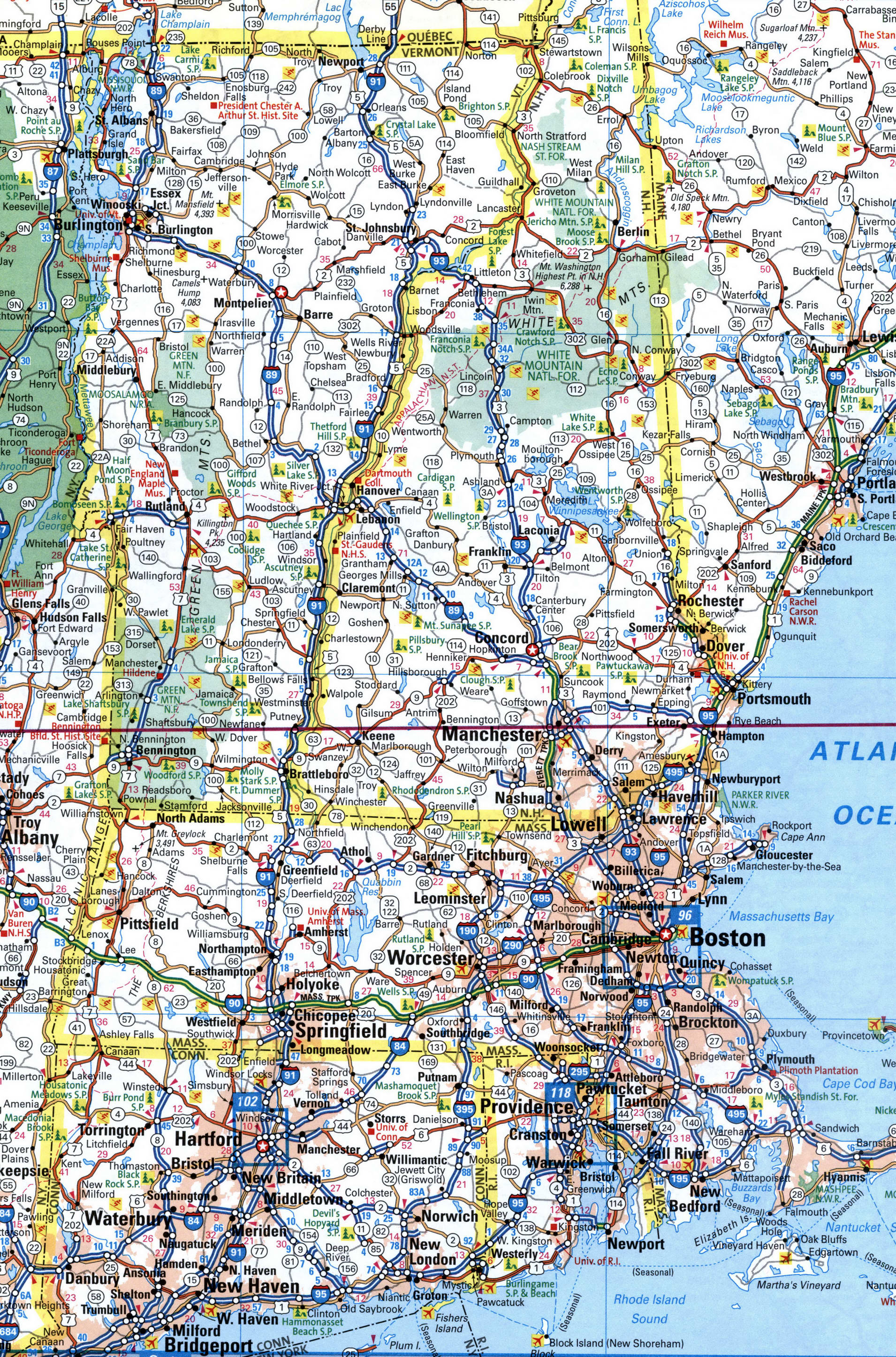 Map of I91 interstate highway via Connecticut, Massachusetts, Vermont