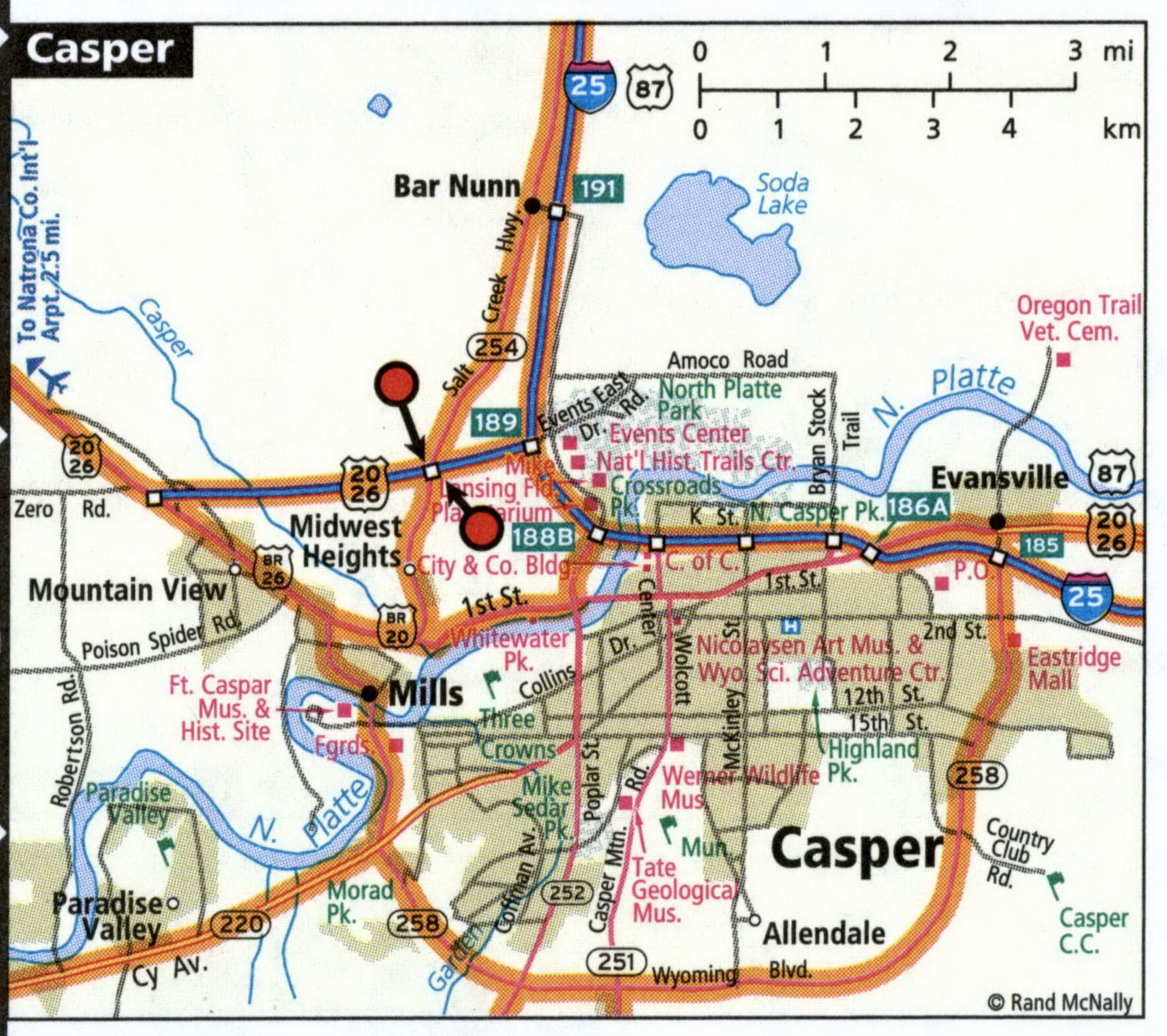 Casper city road map for truck drivers area town toll free highways map