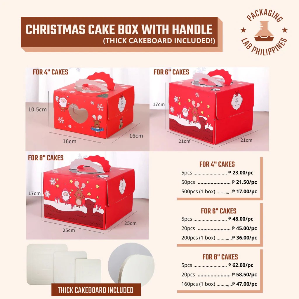 Christmas Cake Box with Handle (THICK Cakeboard included) Packaging
