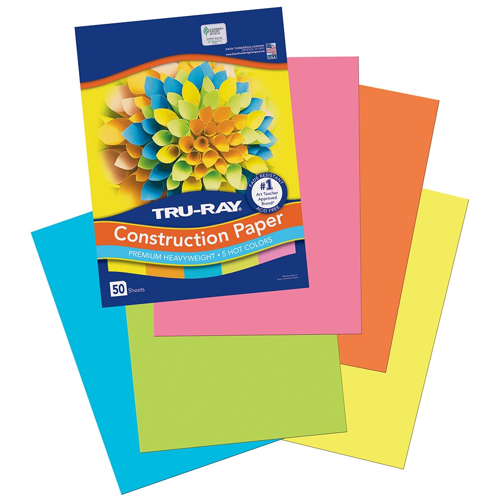 TruRay Construction Paper, 5 Assorted Hot Colors, 9" x 12", 50 Sheets