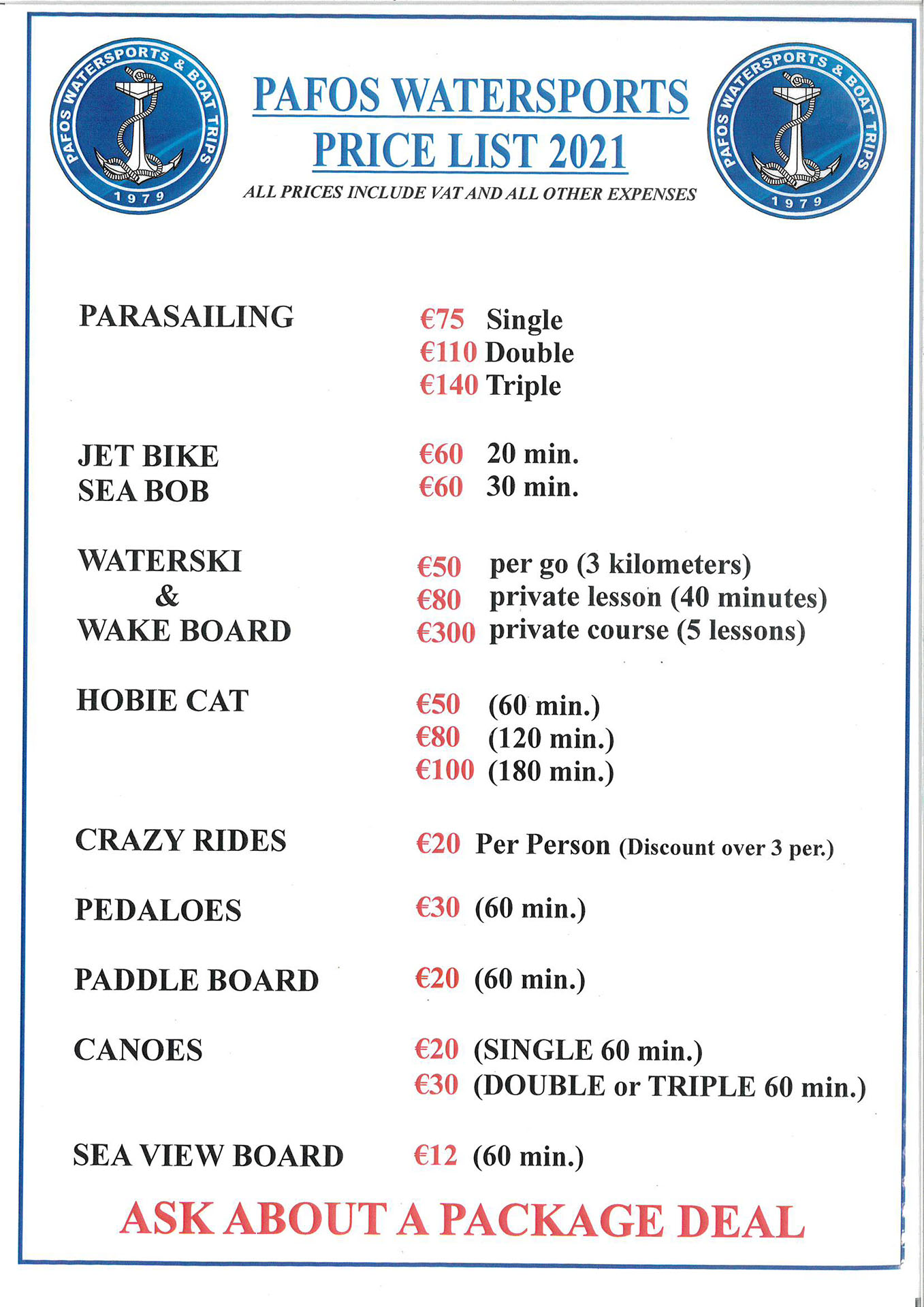 Price List Pafos Watersports