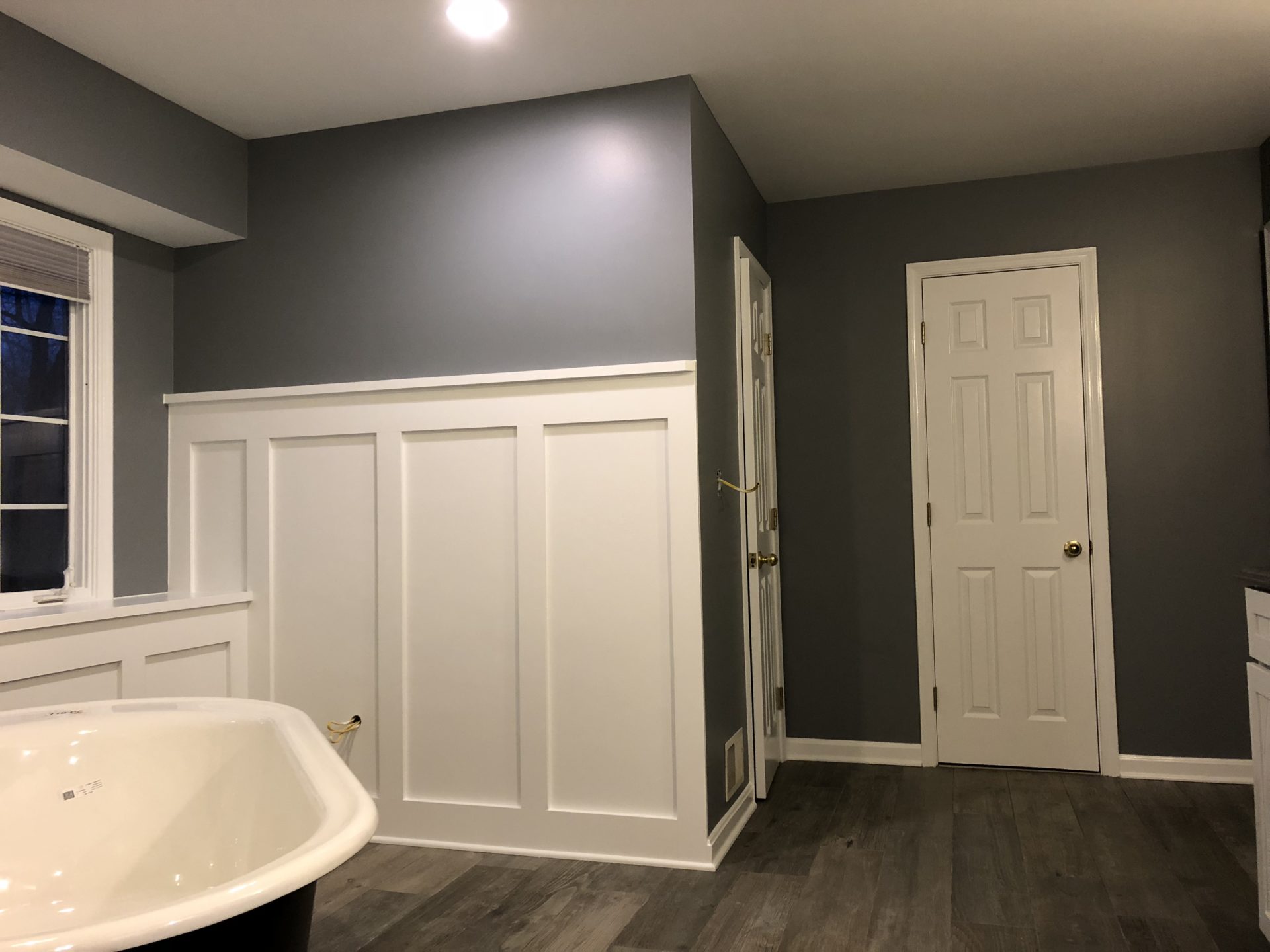 Custom Bathroom Painted in Dusty Blue and Snow White Painting