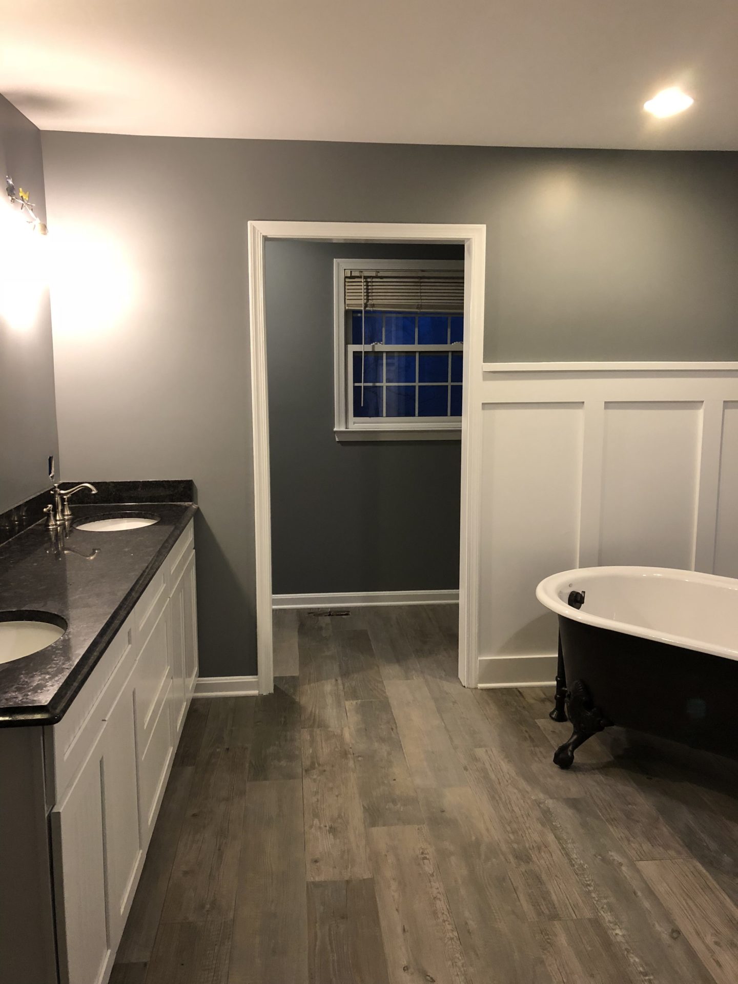 Custom Bathroom Painted in Dusty Blue and Snow White Painting