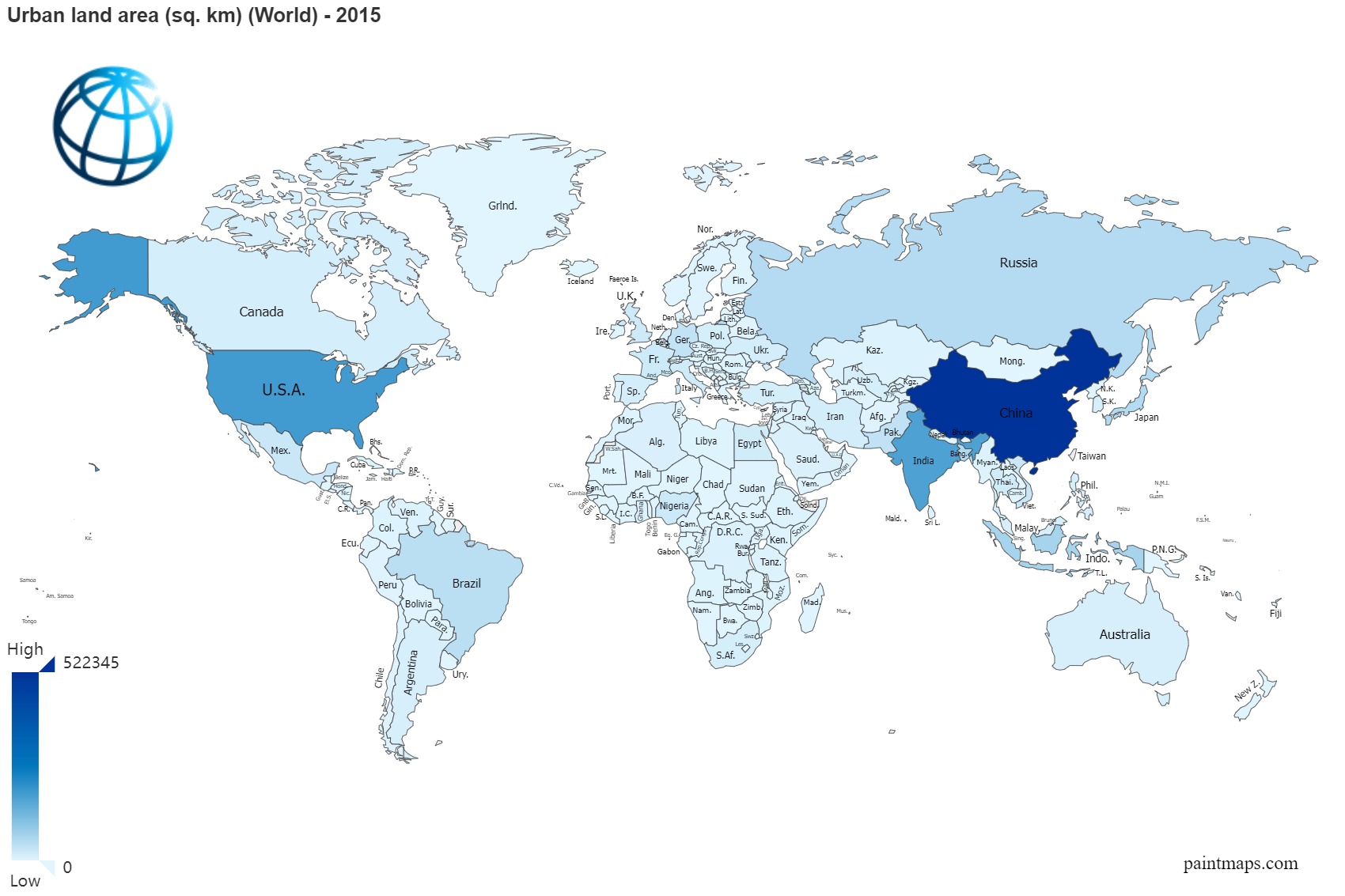 Urban Land Area Sq. Km On World Map