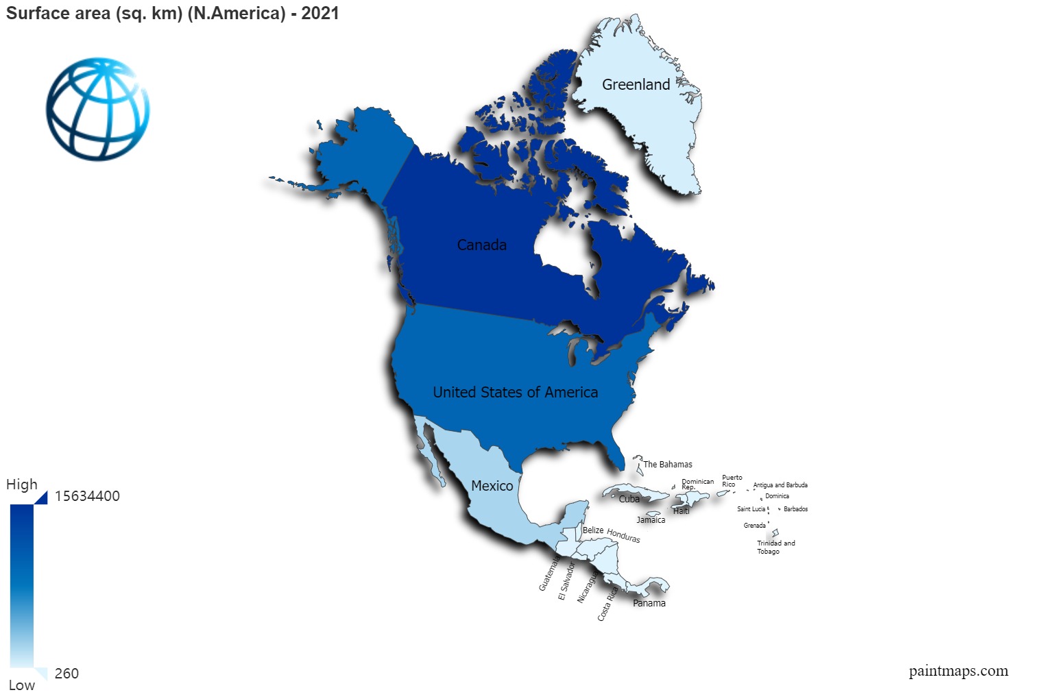 Superficie Kilometros Cuadrados En N.america Mapa