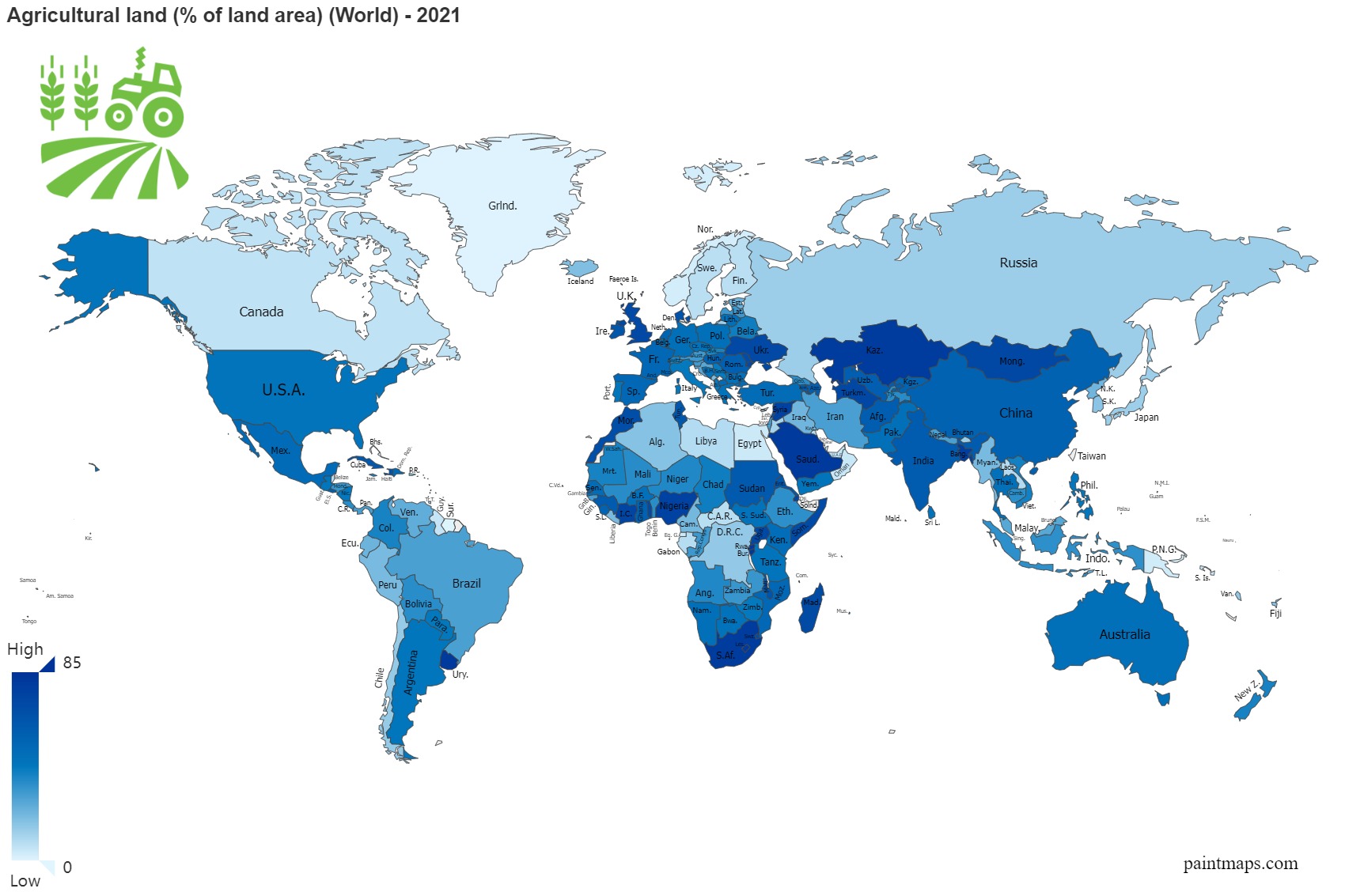 Agricultural Land Percentage Of Land Area On World Map
