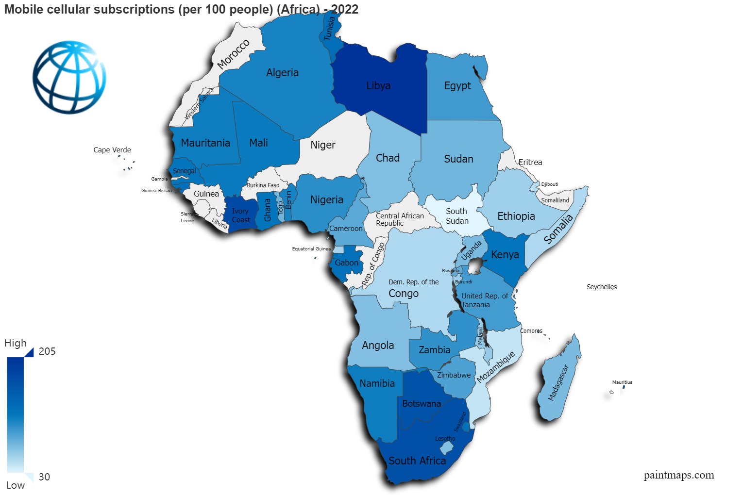 Africa Map By Mobile Subscriptions Mobile Cellular Subscriptions Per 100 People On Africa Map