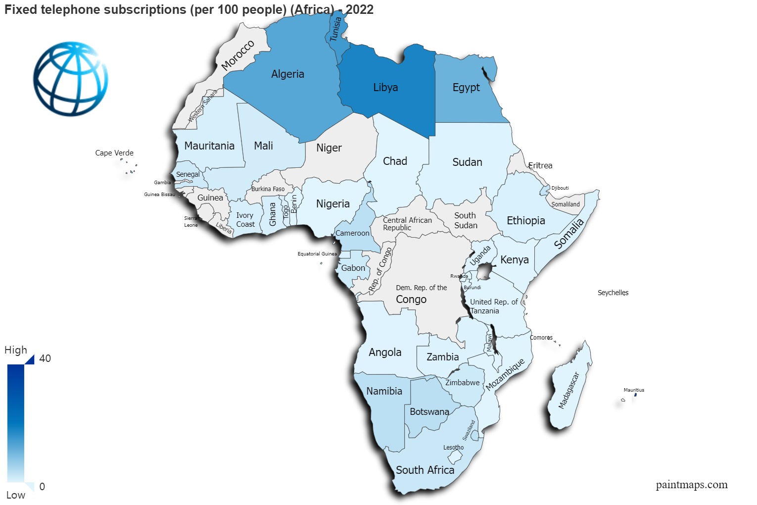 Africa Map By Mobile Subscriptions Fixed Telephone Subscriptions Per 100 People On Africa Map