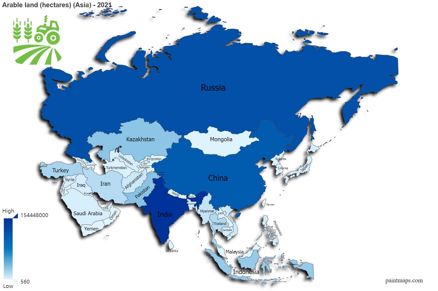 Arable Land Hectares On Asia Map