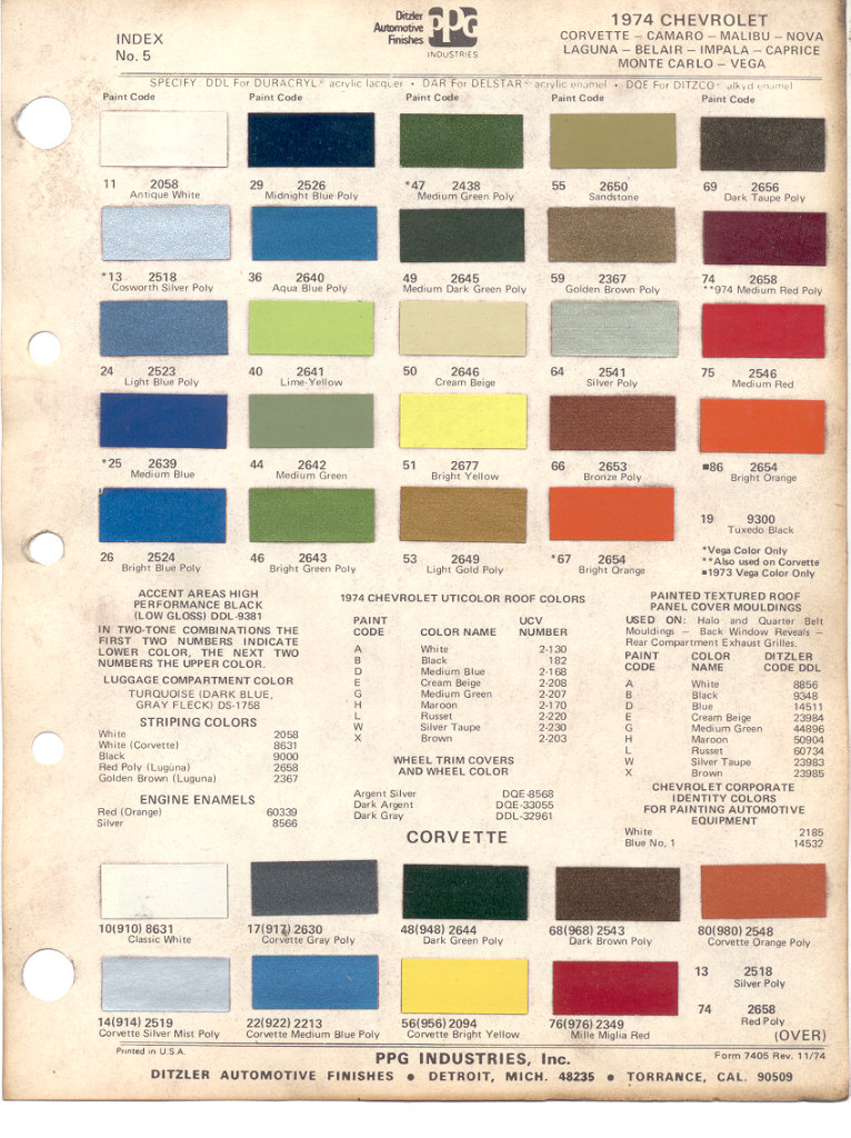Paint Chips 1974 Chevrolet Corvette Camaro Malibu Nova Laguna BelAir