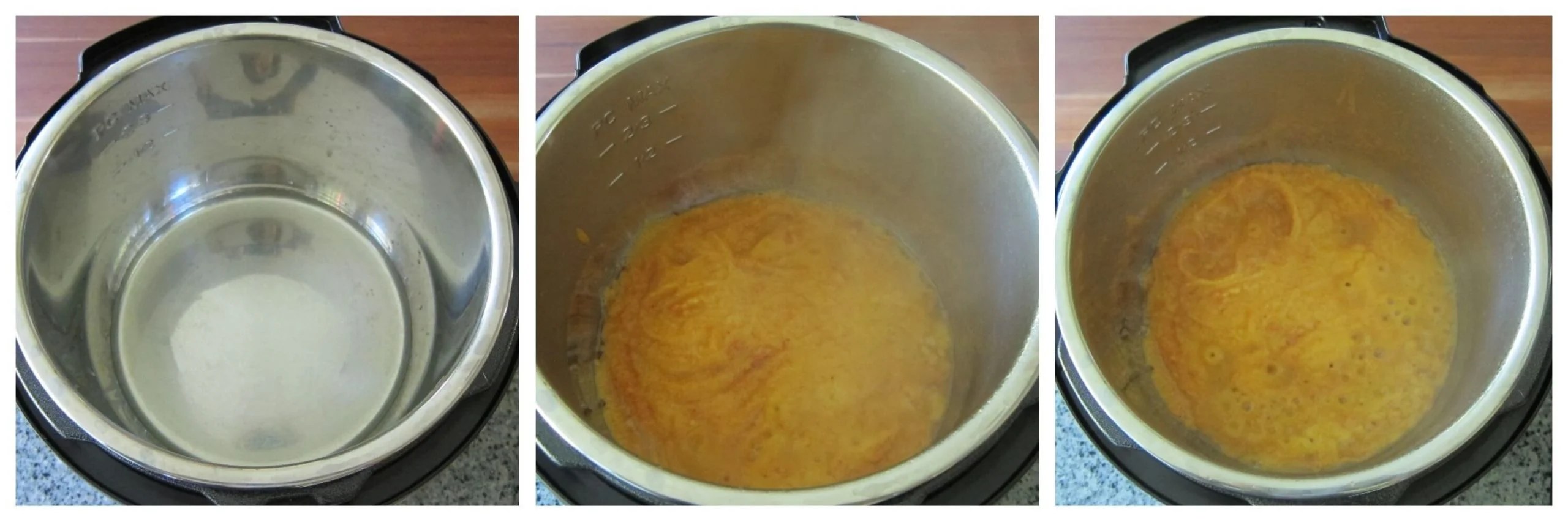Pressure cooker vindaloo Instructions collage - oil in inner pot, onions steaming, onions bubbling