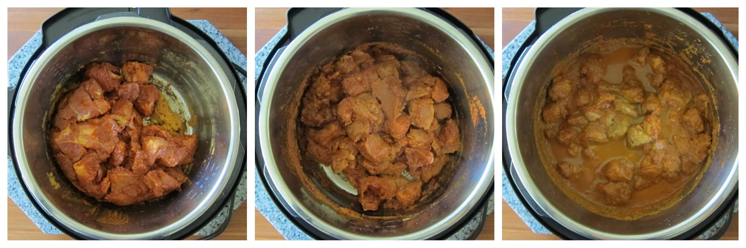 Goan pork curry Instructions collage - add meat to onions, stir, add water