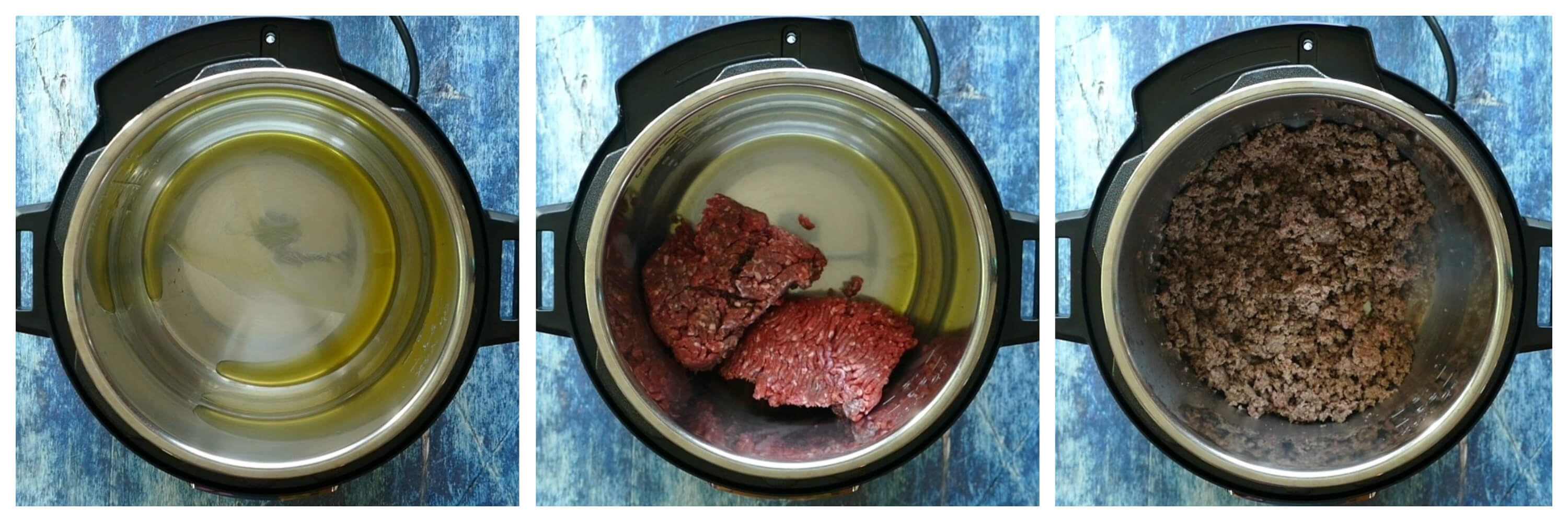 Instant Pot Spaghetti Instructions 1 collage - oil, meat, cooked meat - Paint the Kitchen Red