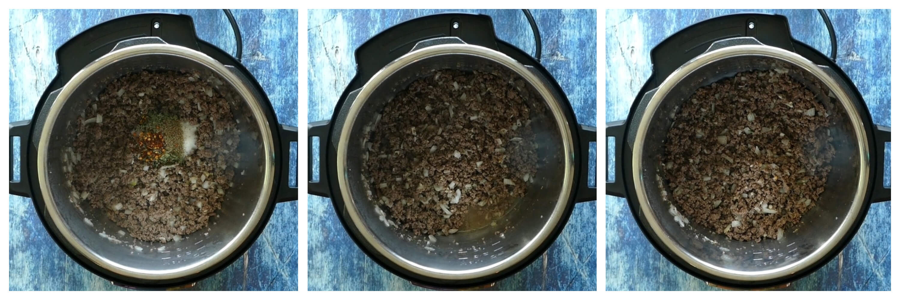 Instant Pot Spaghetti Instructions 3 collage - spices, stirred and deglazed- Paint the Kitchen Red