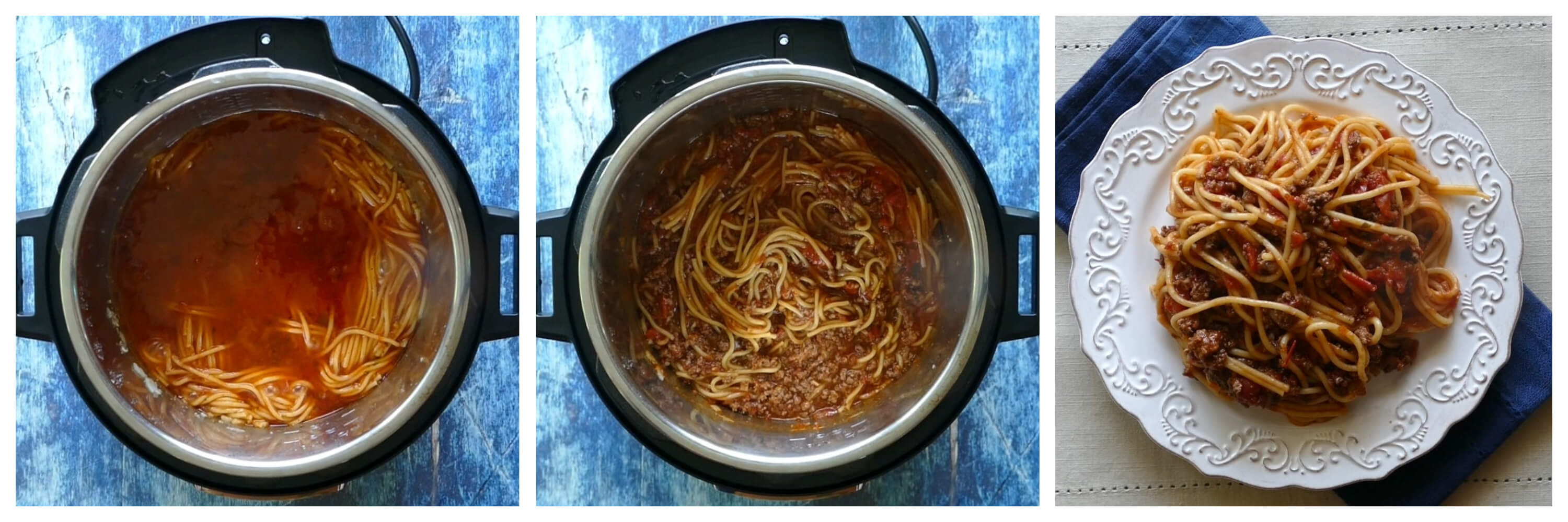 Instant Pot Spaghetti Instructions 6 collage - cooked spaghetti and sauce, stirred, served on white plate - Paint the Kitchen Red