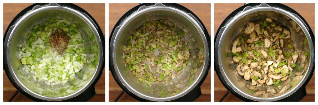 Instant Pot Wild Rice Pilaf Instructions collage - spices, stirred, mushrooms - Paint the Kitchen Red