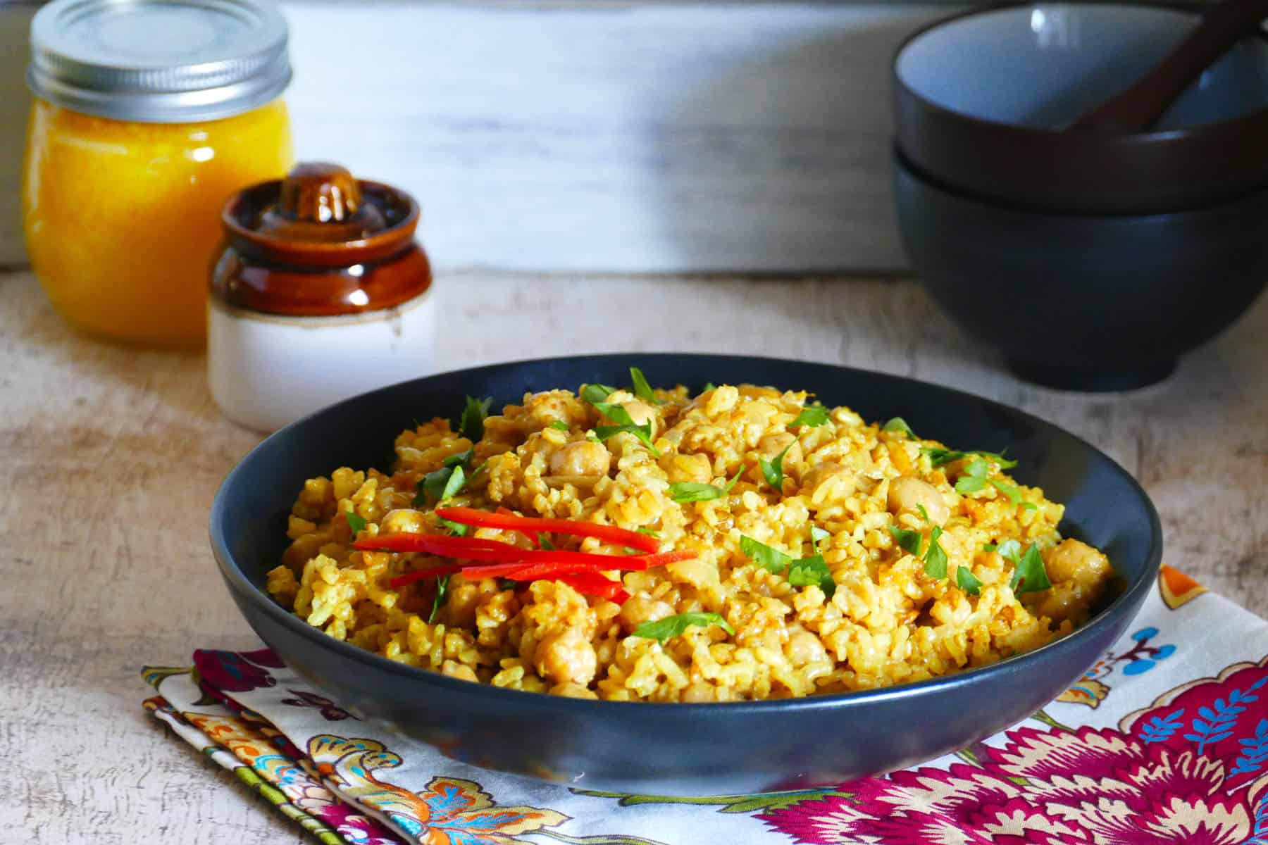 Instant Pot Curried Risotto with chickpeas garnished with cilantro