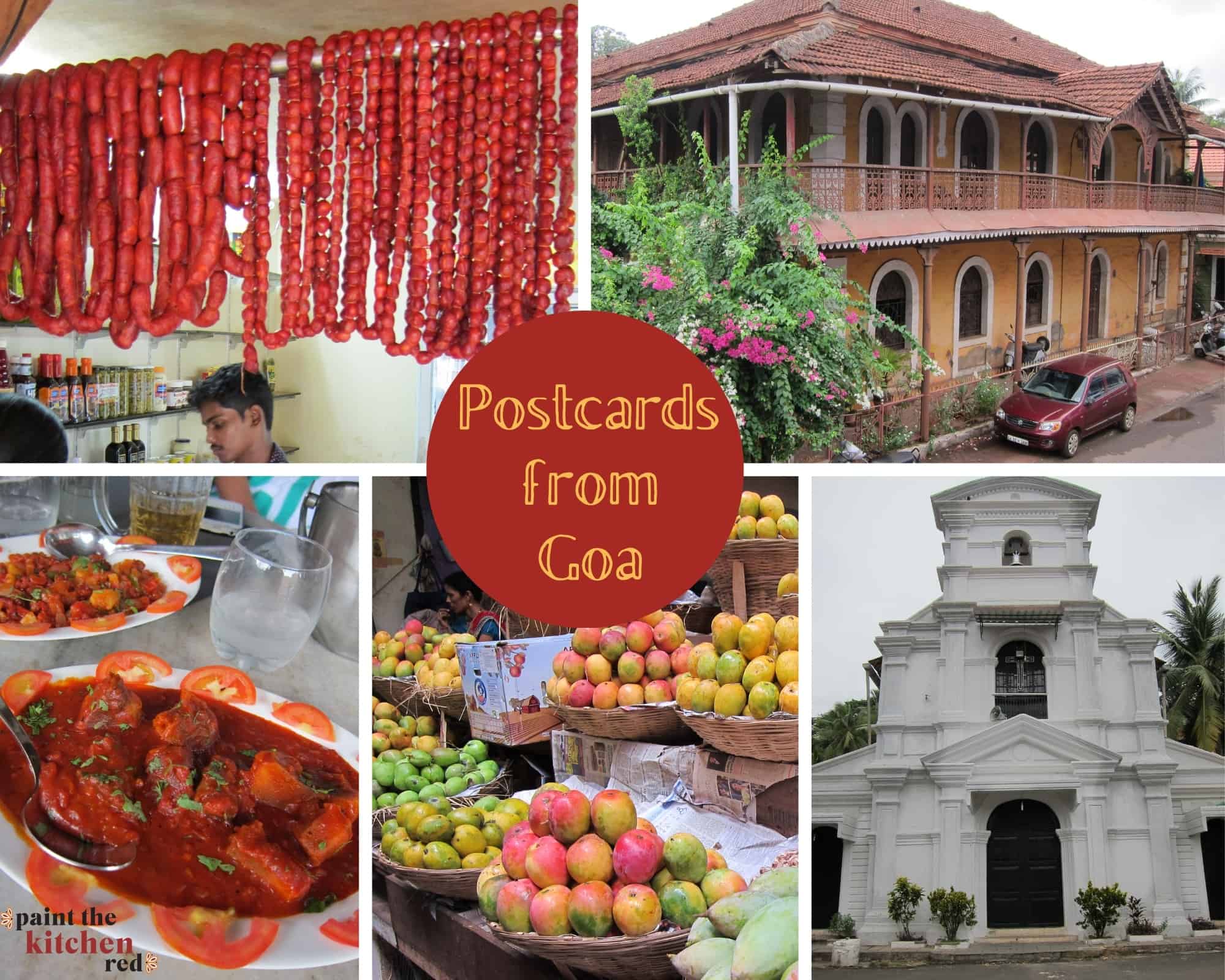 Collage with goa sausages hanging in store, colonial Goan building, Goa sausage curry, mangoes in a market in baskets, white church