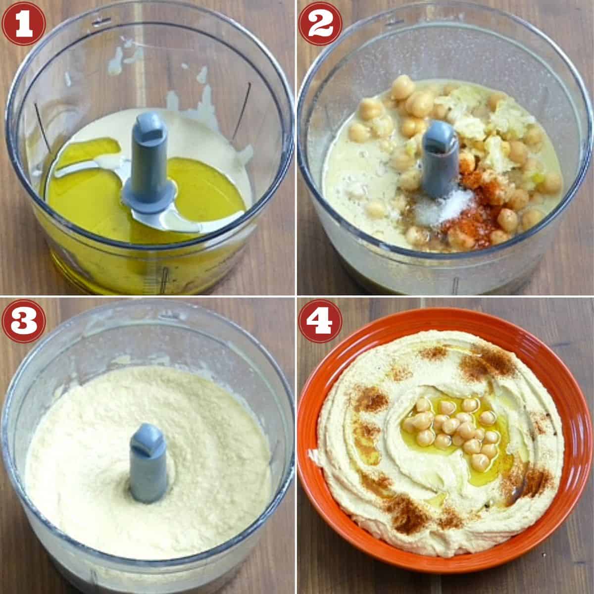 Hummus collage - olive oil and tahini, chickpeas, spices, all blended, spread in a bowl.