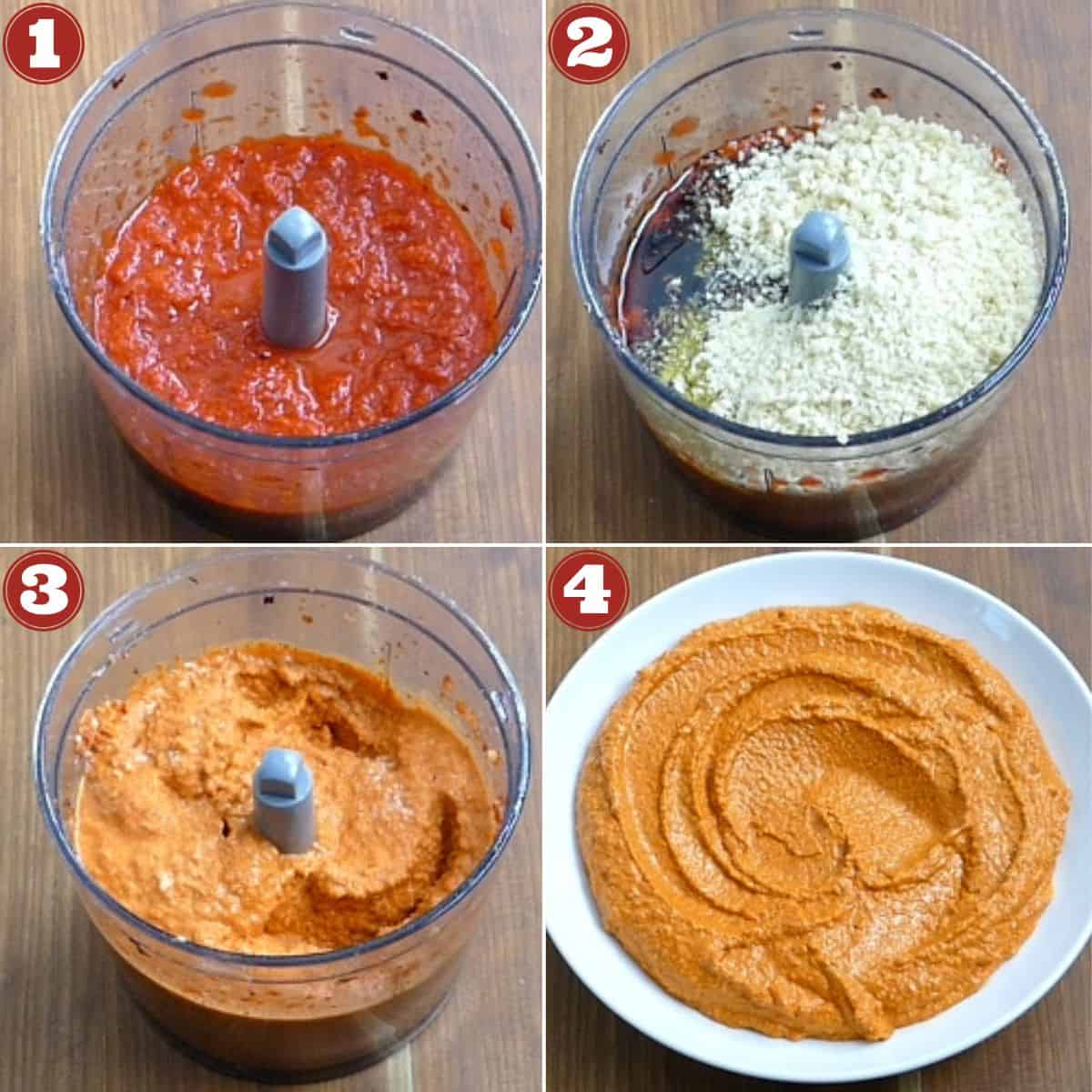 Muhammara dip collage - red peppers, bread crumbs, blended, spread in a bowl.