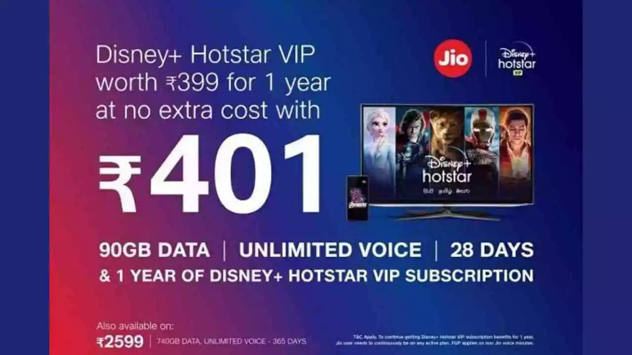 Free Disney+ Hotstar VIP Subscription With Jio Recharge Plans