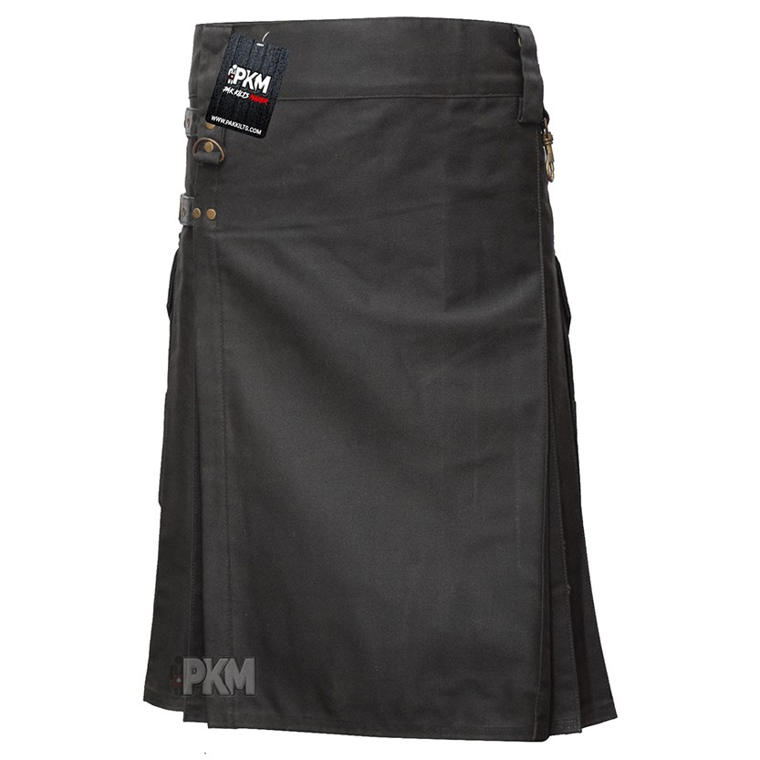Men Khaki Utility Kilt With Adjustable Leather Straps