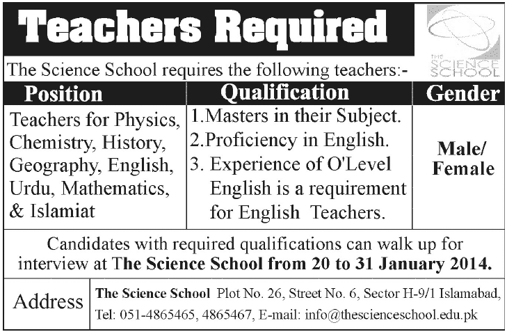 Teachers Required At The Science School Islamabad