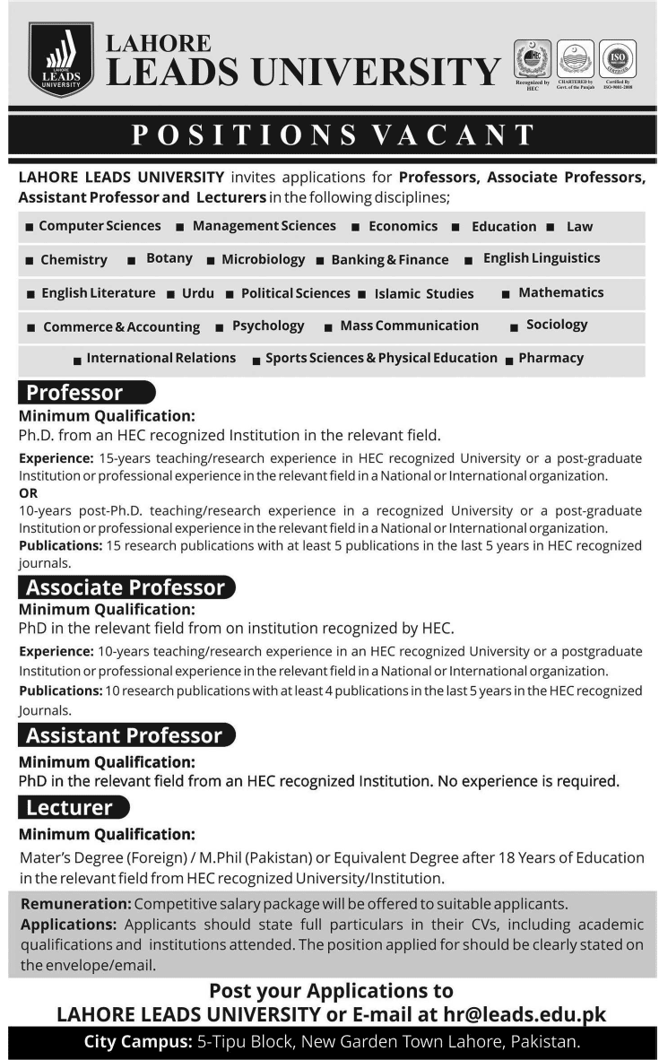 Professor Required At Lahore Leads University 2015