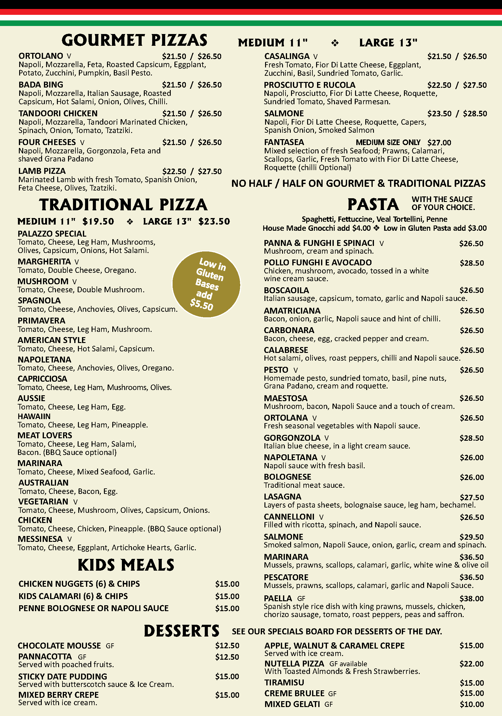 Palazzo Restaurant Dinein Menu