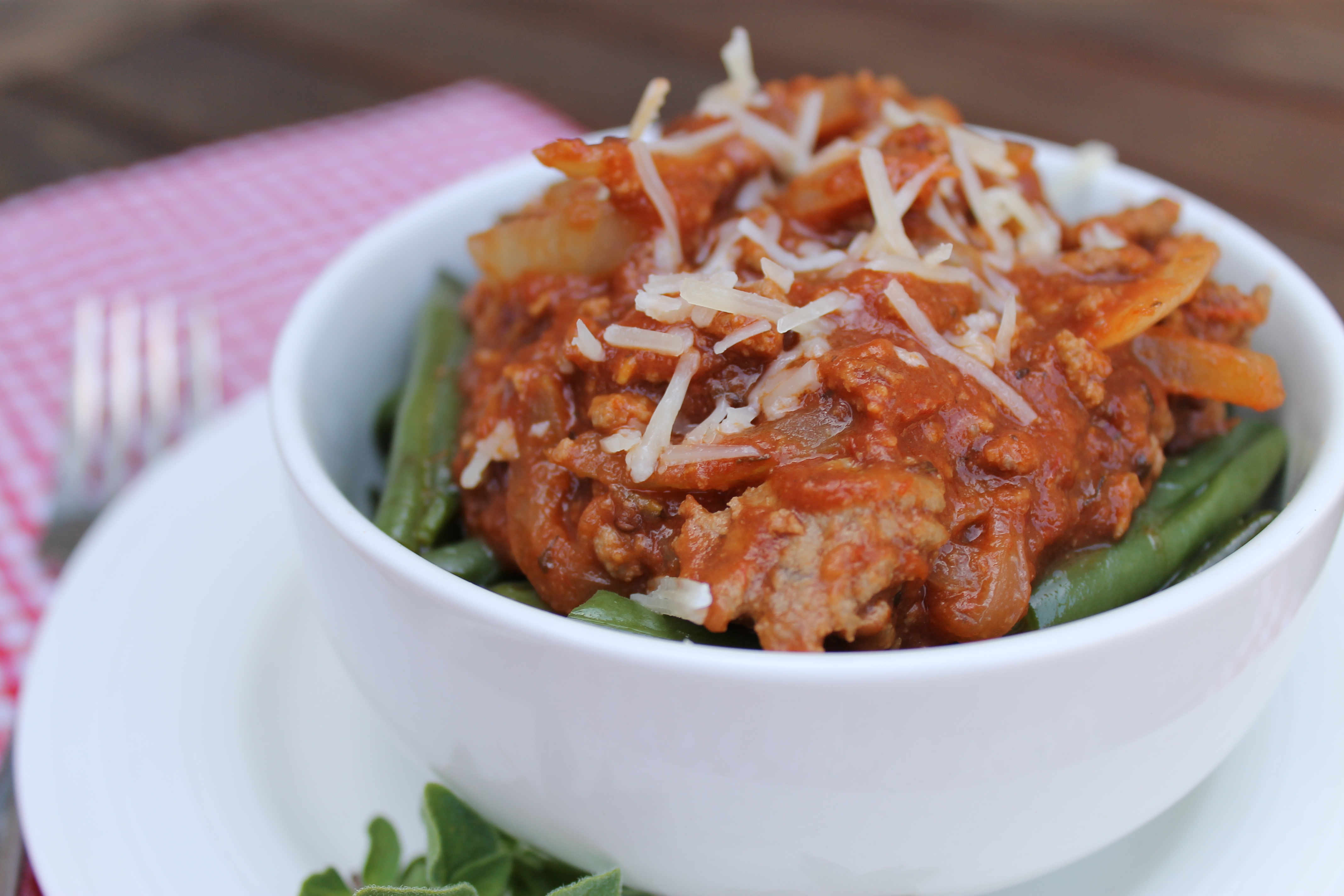 Green bean “pasta” with lamb marinara Paleo Kitchen Lab