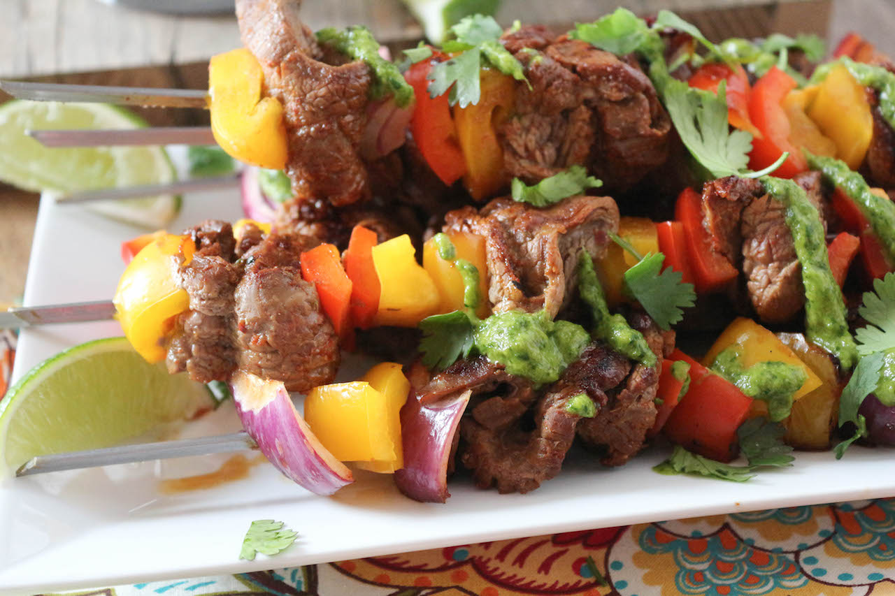 Beef Fajita Kabobs with Poblano Cilantro Pesto PaleOMG