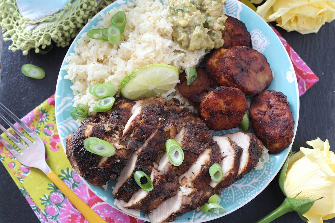 Baked Jerk Chicken with Coconut Rice & Cinnamon Sweet Plantains PaleOMG