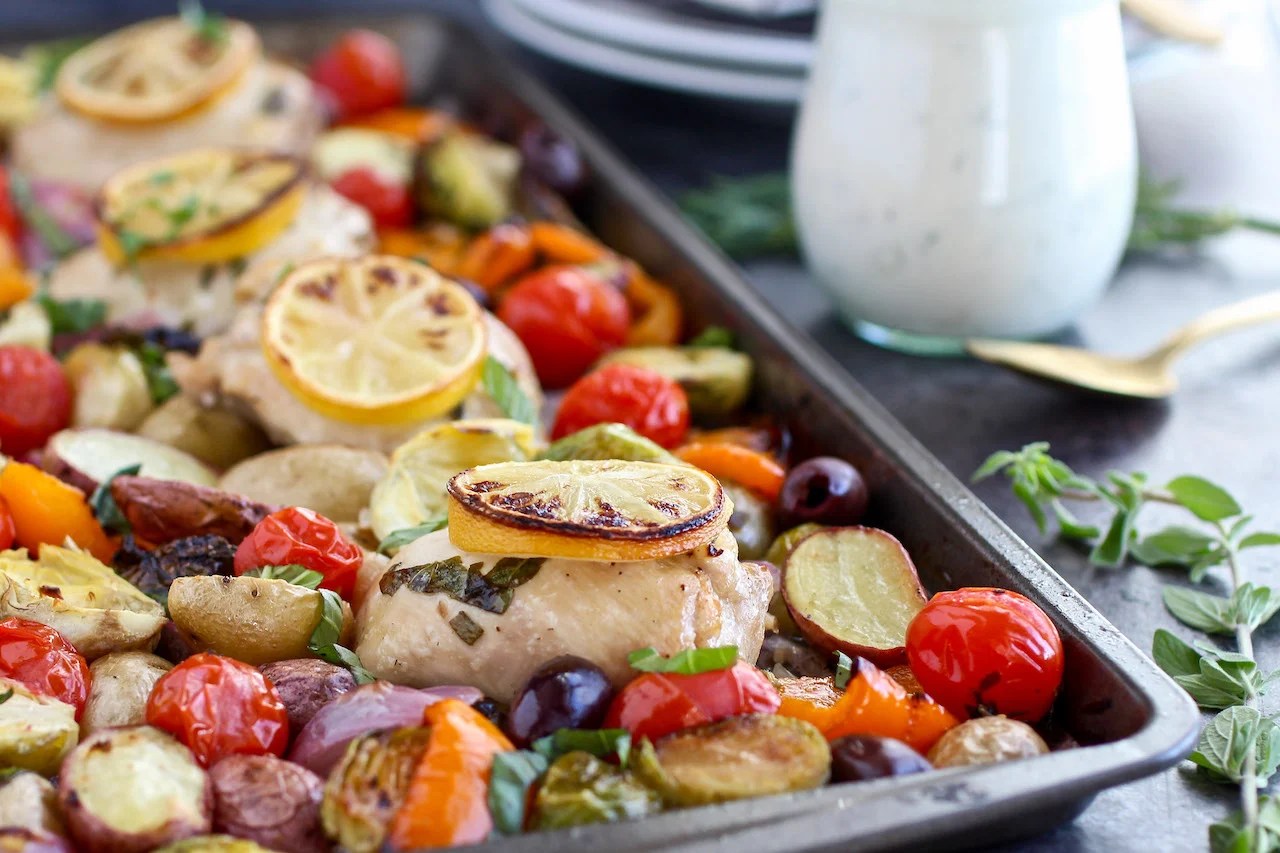 Guest Post OnePan Greek Chicken & Veggies with Paleo Tzatziki Sauce